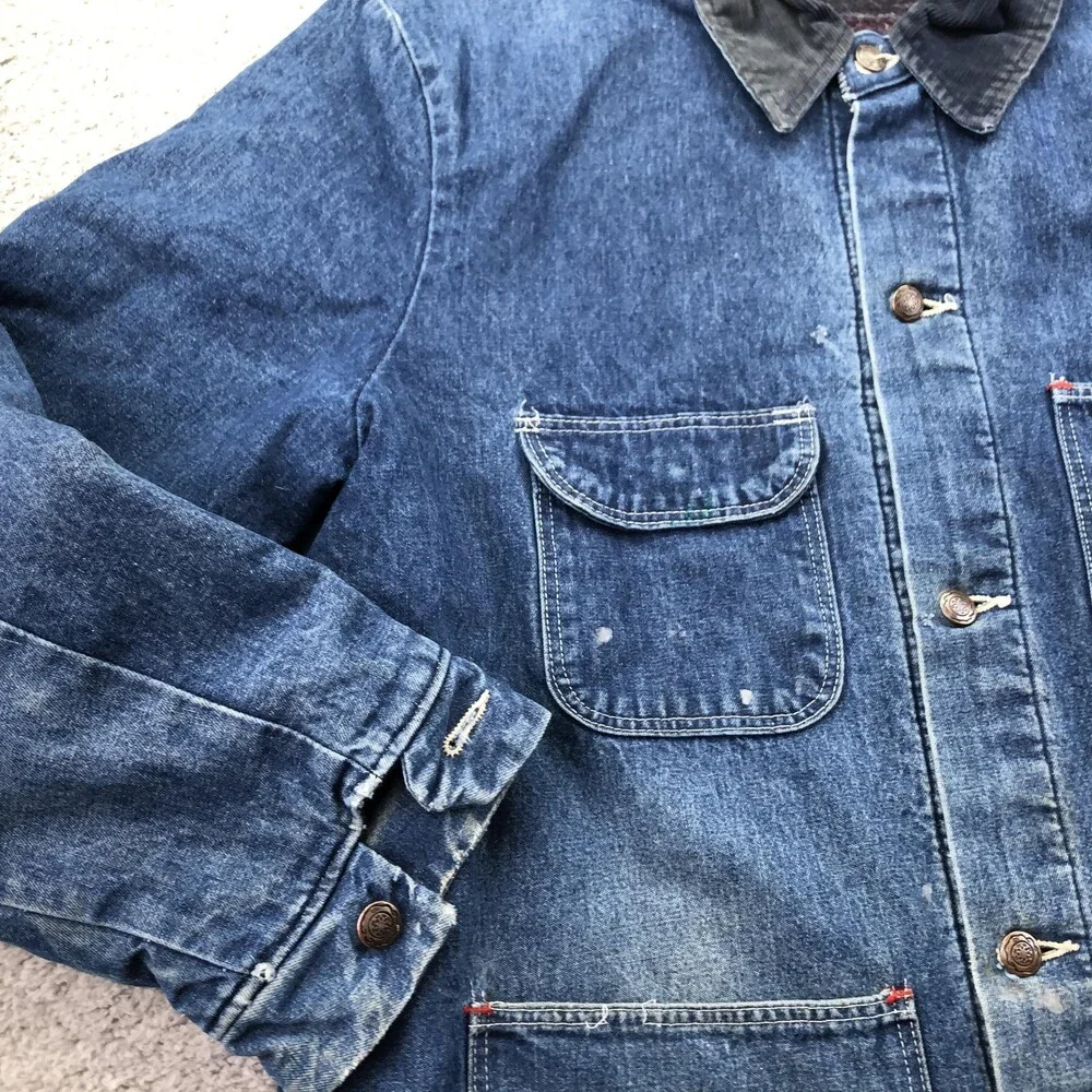 Vintage Denim Coat Mens 48 Blue Blanket Lined Chore Corduroy Collar USA Workwear